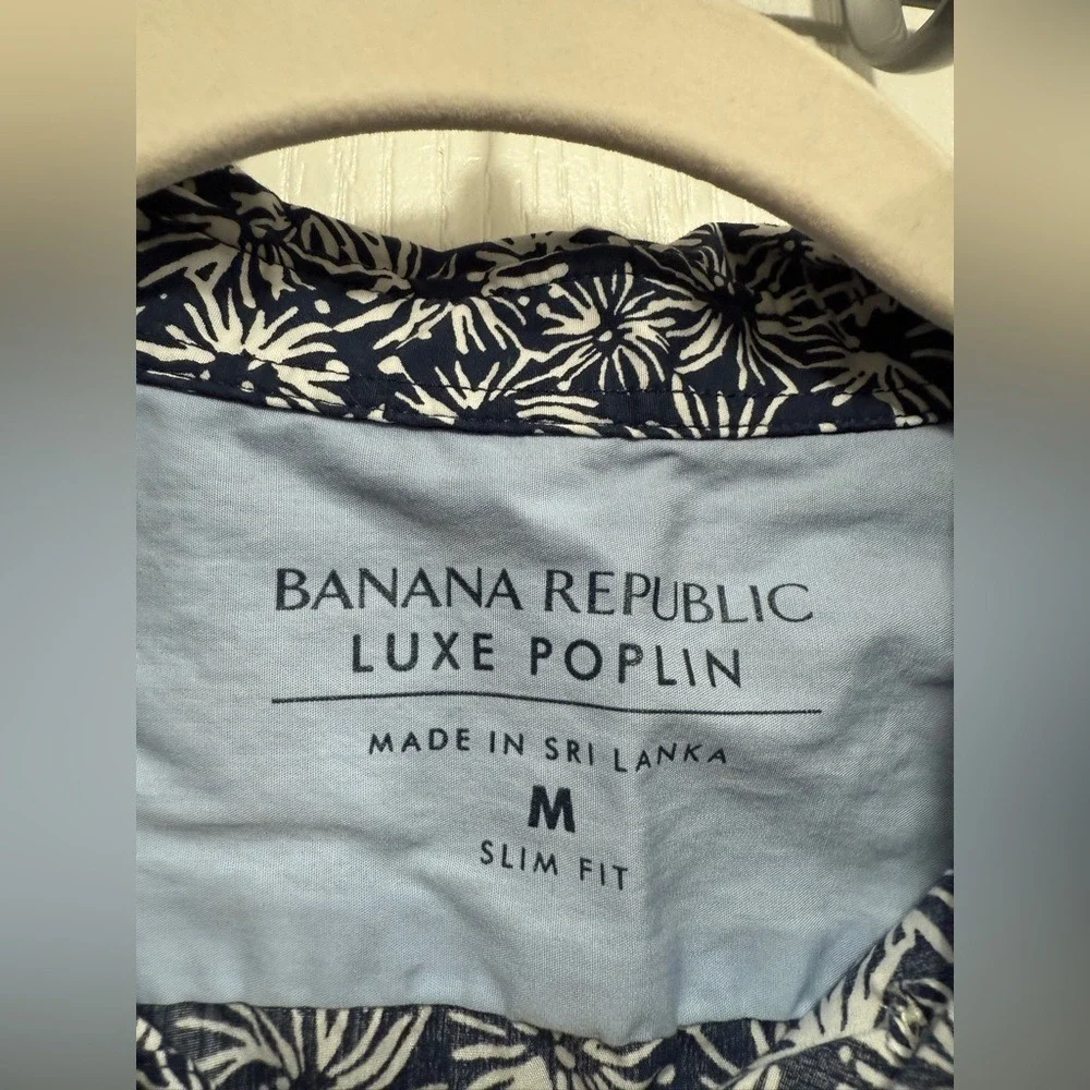 Banana Republic Men's m Slim-fit Luxe Poplin Shirt Navy white Fourth of July EUC